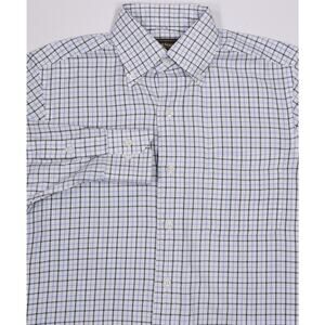 Paul Stuart White Blue Green Check Cotton Button-Up Dress Shirt Mens Small